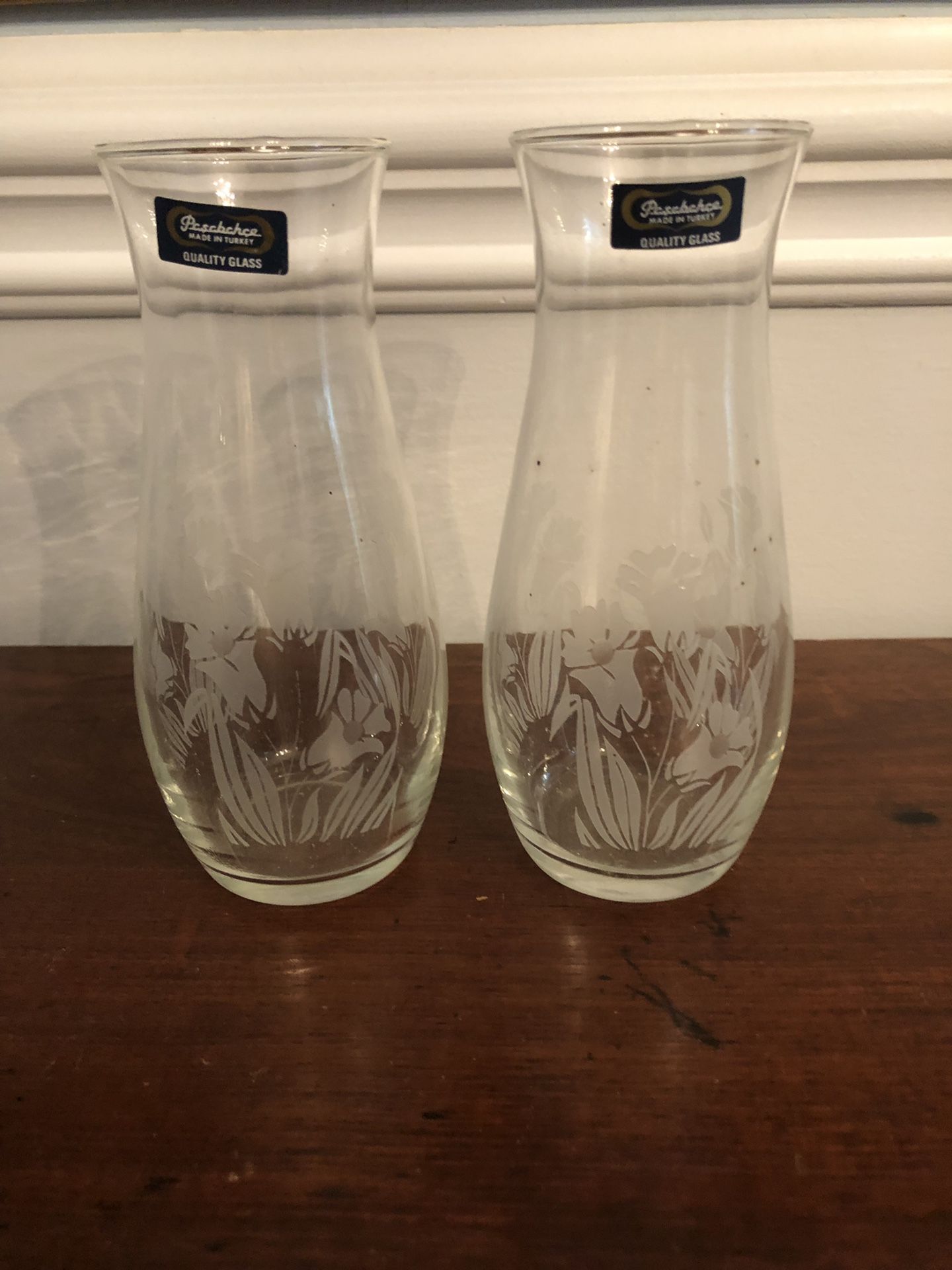 Set of 2 Pasabahce Etched Flower Vases