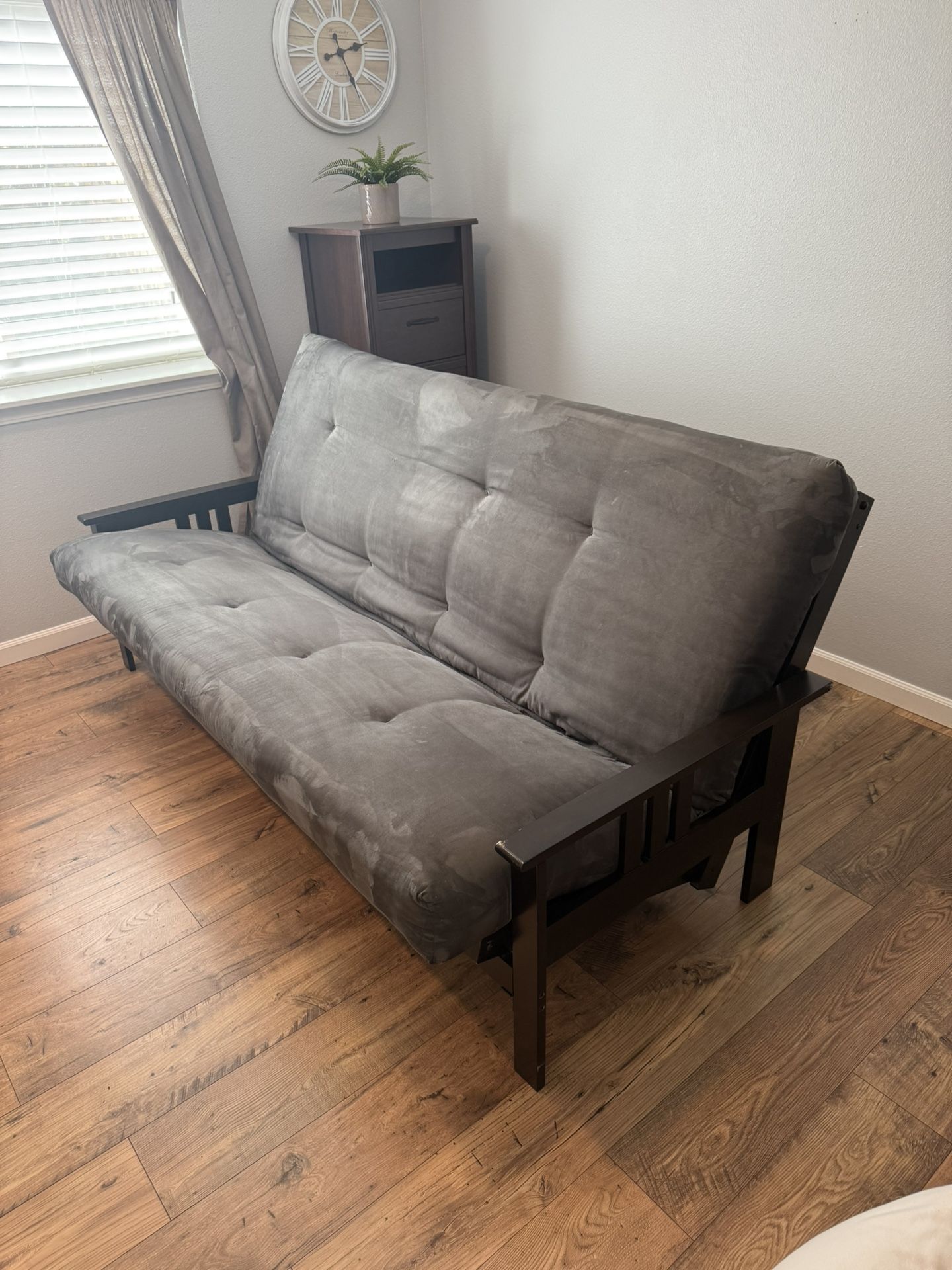 Queen Dark Wood Futon Bed Couch WITH Mattress