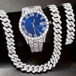 Luxury Fully Iced Men Quartz Cubic Zirconia Watch+Cuban Necklace & Bracelet
