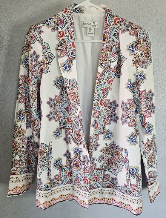Rachel Zoe Linen Jacket Coat Floral Blazer Pink Blue Cream Size M