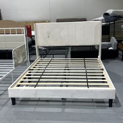 (Stains) New Beige Velvet Upholstered Bed Frame, Vertical Channel Tufted Headboard, Queen  46.3'' H X 65.4'' W X 86.6'' L