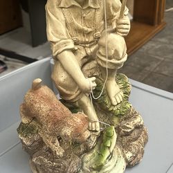Large Boy Fishing Garden Statue - 17" Tall Decorative Figurine