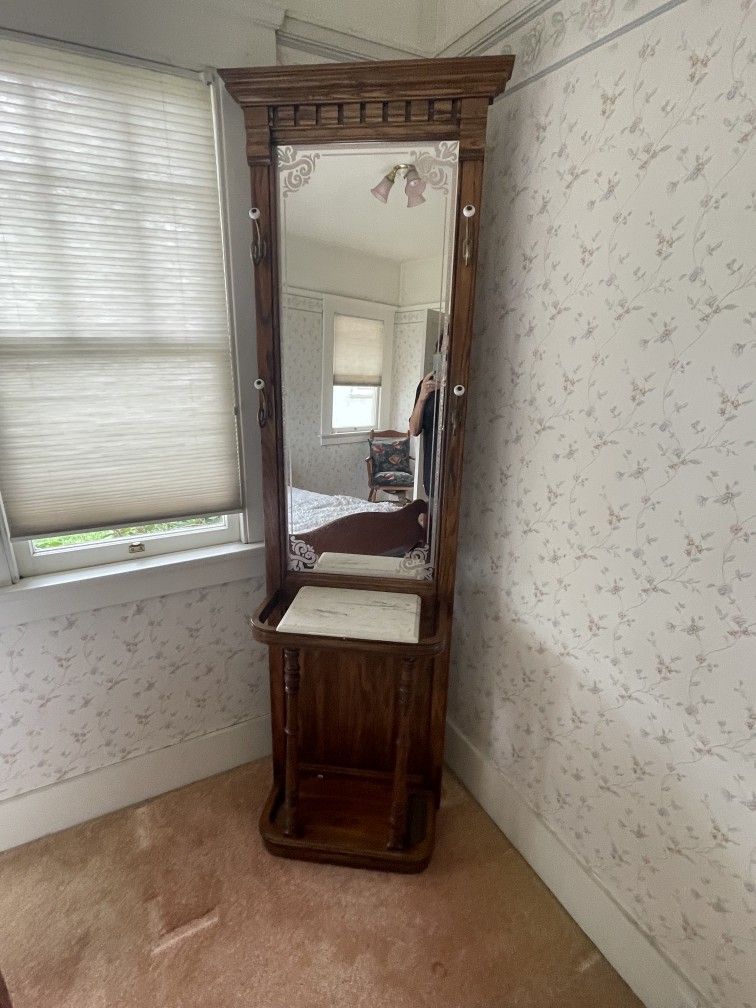 Wooden Hall Tree with Mirror