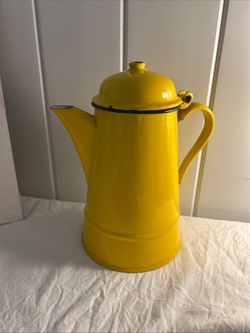 Vtg Yellow Enamelware Coffee Pot Huta Silesia Made In Poland MCM Teapot Kettle