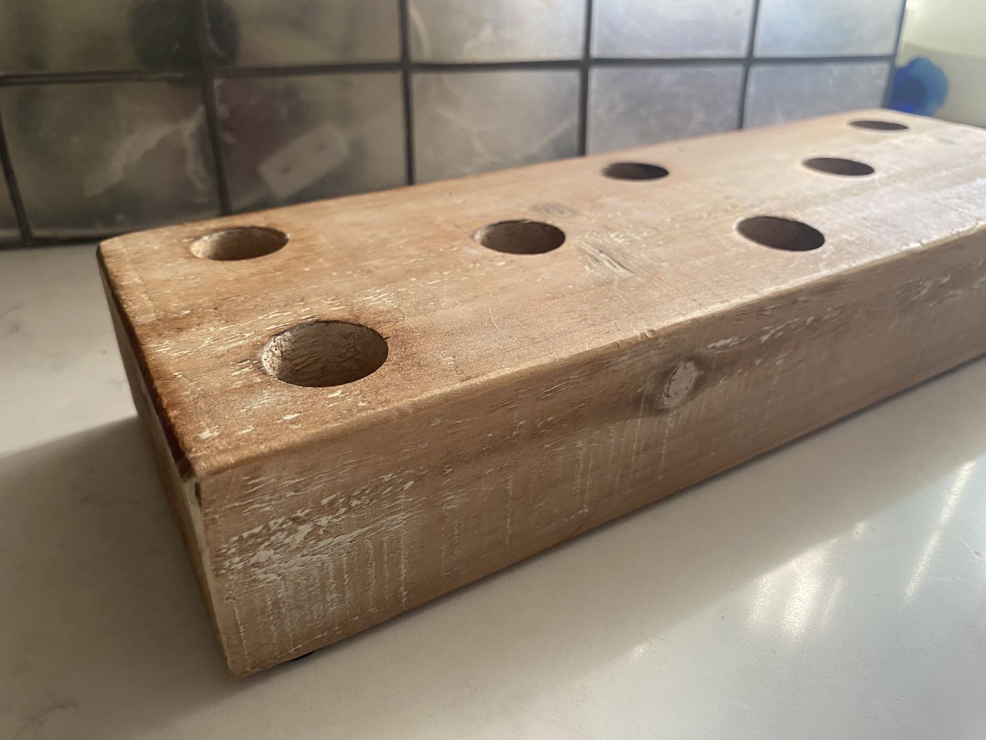 Rustic Wood Block Candle / Marble Holder 8 openings approx 12”x 4” x 2”