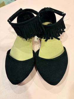 Old Navy Black Suede Fringe Ankle Strap Flats