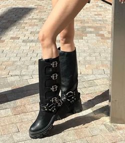 Black Knee-High Moto Buckle Boots