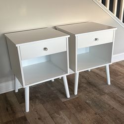 New Set of 2 Mid-Century Nightstand with 1 Drawer for Bedroom White Adult