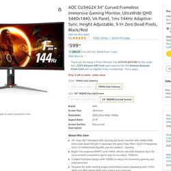34" Curved Frameless Immersive Gaming Monitor made by AOC, new cost $599