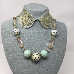 Polka Dot Bead, Off White & Translucent Bead Necklace Blue White Pink 19+ Inches Long