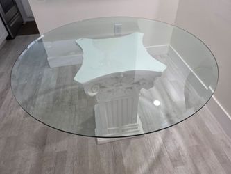 Dining Table, Round Strong Beveled Glass and Gorgeous White Roman Column Base
