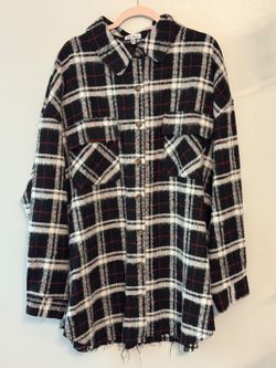 White Birch Shacket Women 3X Black Plaid Oversized Flannel Raw Hem Cabincore