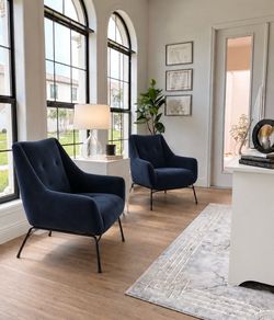 Set of 2 Luxury Modern Navy Blue Designer Accent Chairs – Living Room/Office