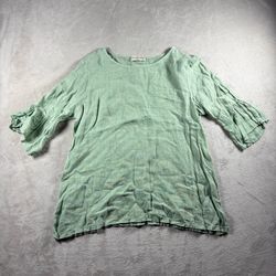 Terzo Millennio Italian Women’s Size L Green Linen Flowy Shirt Top Crochet #5A