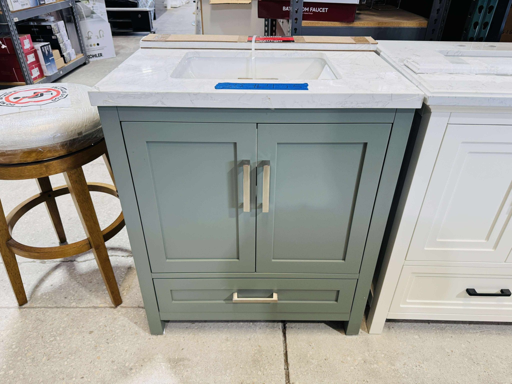 30 in Single Sink Bath Vanity in Sage Green with Vanity Top in White $475