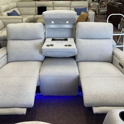 Furniture- Zero Gravity Power Recliner Fabric Sofa- Greymel