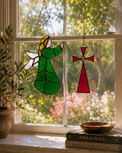 Vintage Lot 2 Stained Tiffany Style Glass Angel & Cross Sun Catchers – Window Hanging Decor Handcrafted Art Window Wall Hanging Artwork Hand Crafted