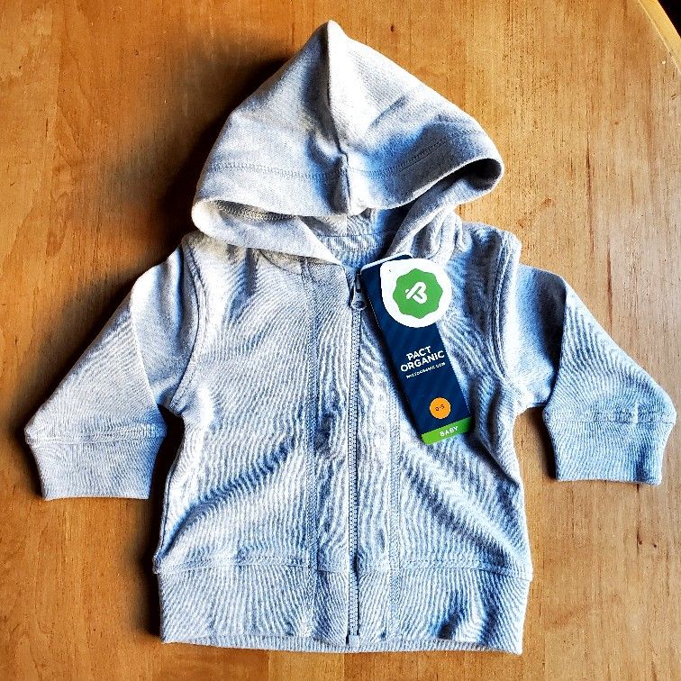 Pact Organic Cotton Gray Zip Hoodie Sweatshirt, 0-3 Months, Baby, Infant, NWT