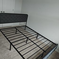 Queen Size Bed Frame, Upholstered Metal Bed Frame with Liene Tufted Headboard, Heavy Duty Me