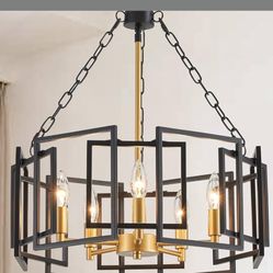 Modern Farmhouse Chandelier, 20" Black and Gold Pendant Light Fixtures 5 Lights Height Adjustable Ceiling Light for Dining Room, Bedroom, Living Room,