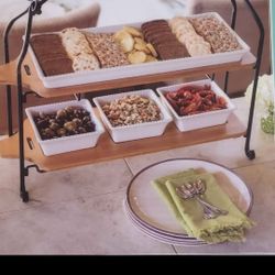 7 Piece serving set with Iron Rack & Bamboo Removable Shelves  NIB 