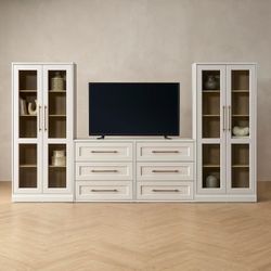 Mopio Blake 4 Piece Entertainment Center with Storage, Modern Farmhouse Wall Unit Dresser TV Stand with Tall Display Cabinets for up to 65" TVs, Troph