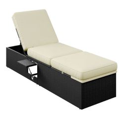 Outdoor PE Wicker Chaise Lounge Chair, Patio Black Rattan Reclining Chair with Adjustable Backrest and Folding Table, Outdoor Recliners for Patio Beac