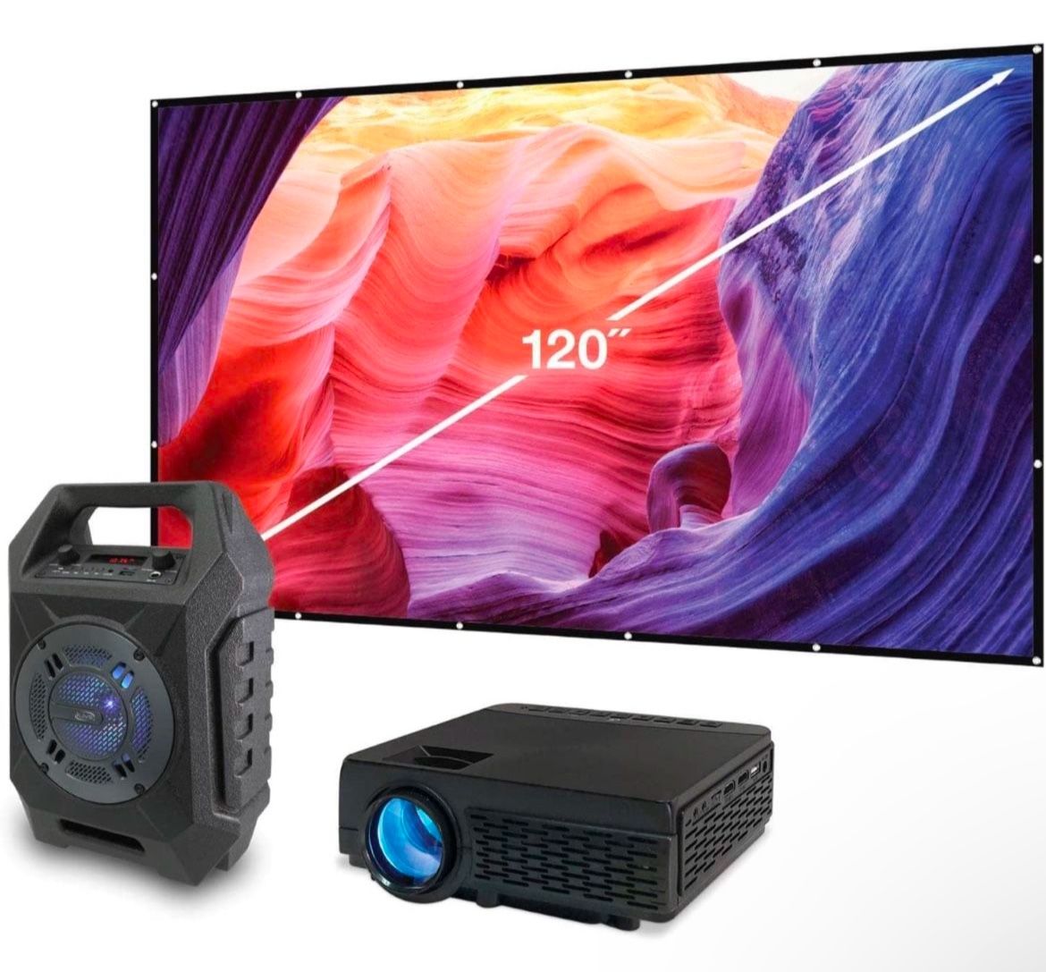 Brand new - 3 Piece Entertainment Set (Projector, Speaker, Foldable Screen)