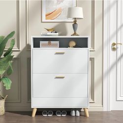 Shoe Storage Cabinet for Entryway, Free Standing Shoe Organizer with 2 Flip Drawers, Slim Narrow Hidden Shoe Rack Cabinet with Open Shelf, Shoe Cabine
