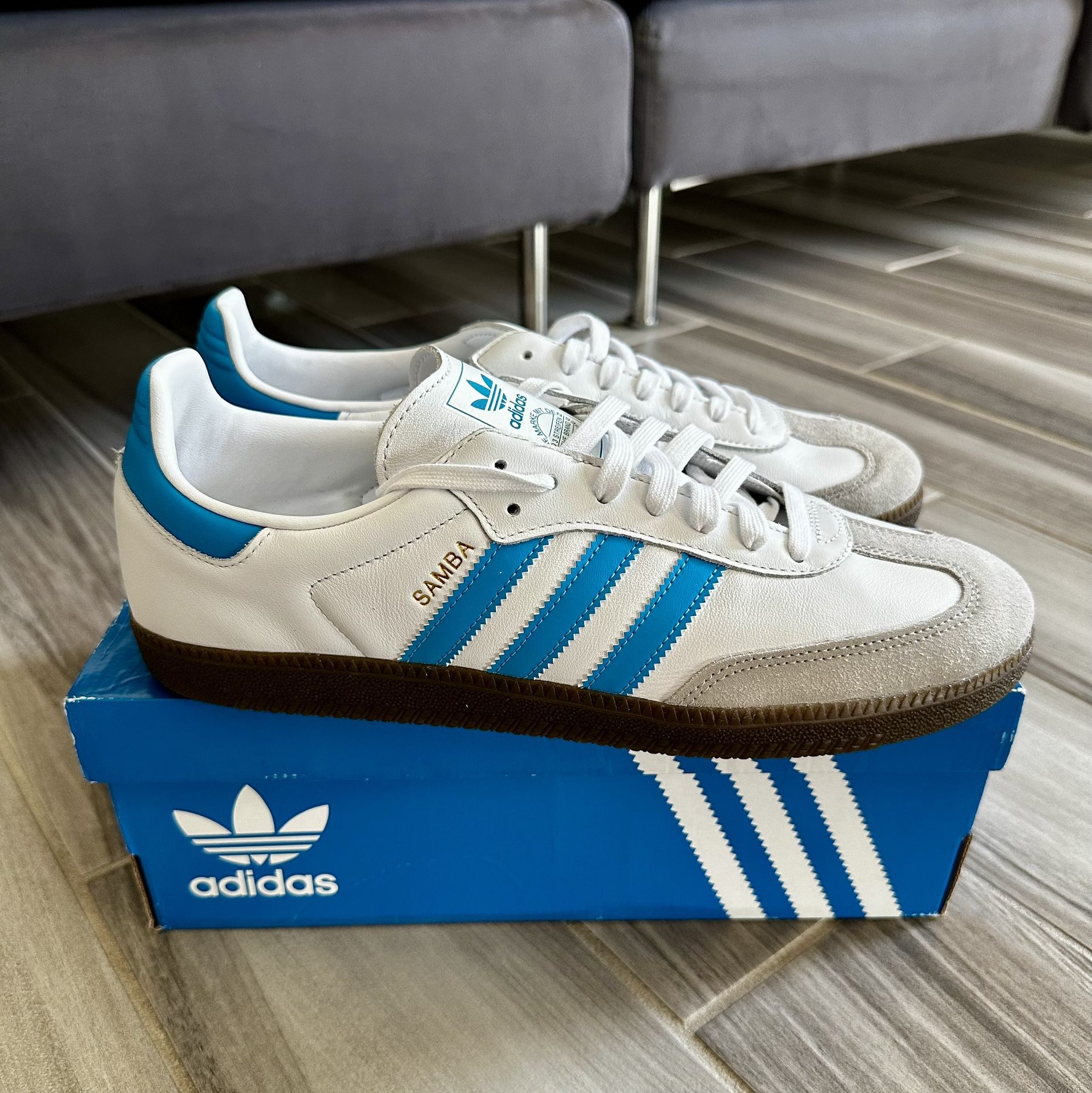 Men's Adidas Originals Samba OG Shoes - White Blue - Size 9.5, 11.5