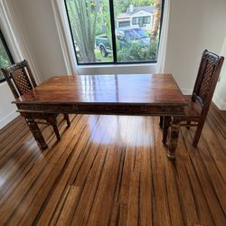 Antique Wood Dining Room Table With Two Chairs 