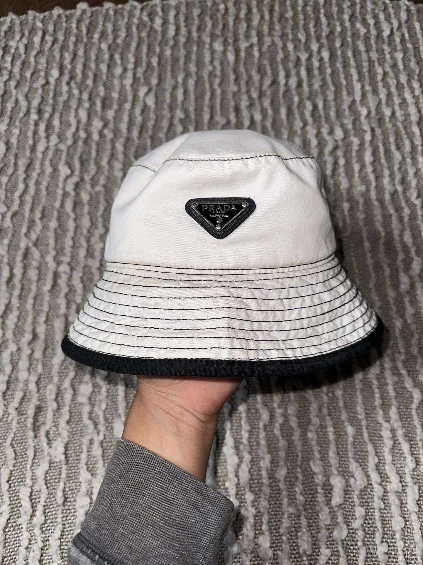 PRADA 1HC137 Triangle Logo Bucket Hat White With Silver Hardware