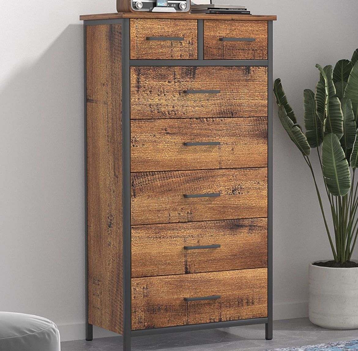 7 Drawer Tall Dresser, Industrial Wood Storage Clothes Organizer, Sturdy Steel Frame for Bedroom