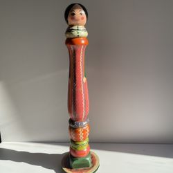 Folk Art Eclectic Wooden Hand Painted Candlestick Holder 
