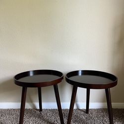 Dark Brown Round Side Table Set Of 2, Tray Nightstand Sofa Coffee End Table For Living Room, Bedroom 
