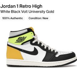 Jordan 1 Retro High White Black Volt University Gold Size 9