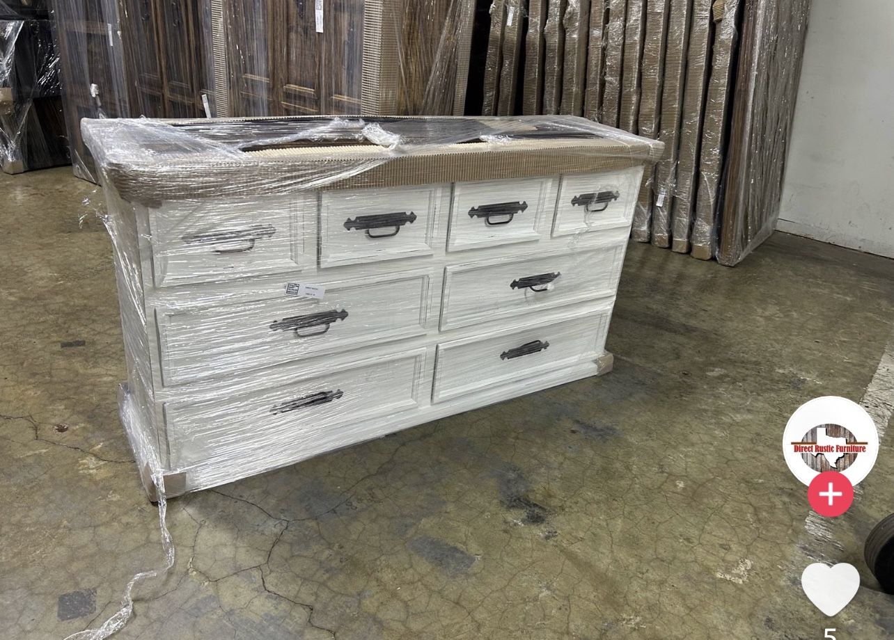 Dresser, Farmhouse Dresser, 8 Drawer Dresser, White Rustic Distressed Dresser