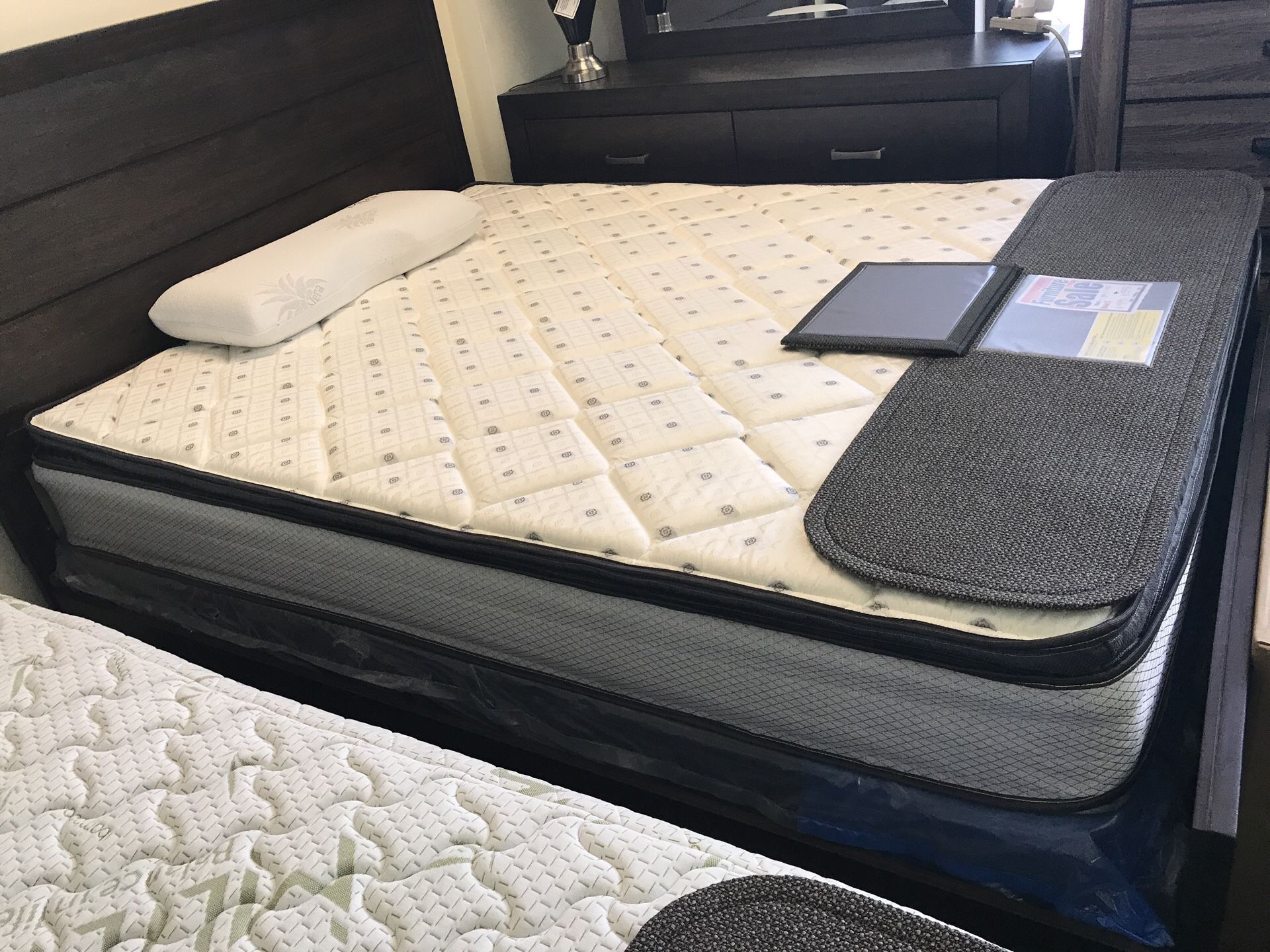 New queen pillow top firm mattress when ordered. 10 year warranty. Available in all sizes!