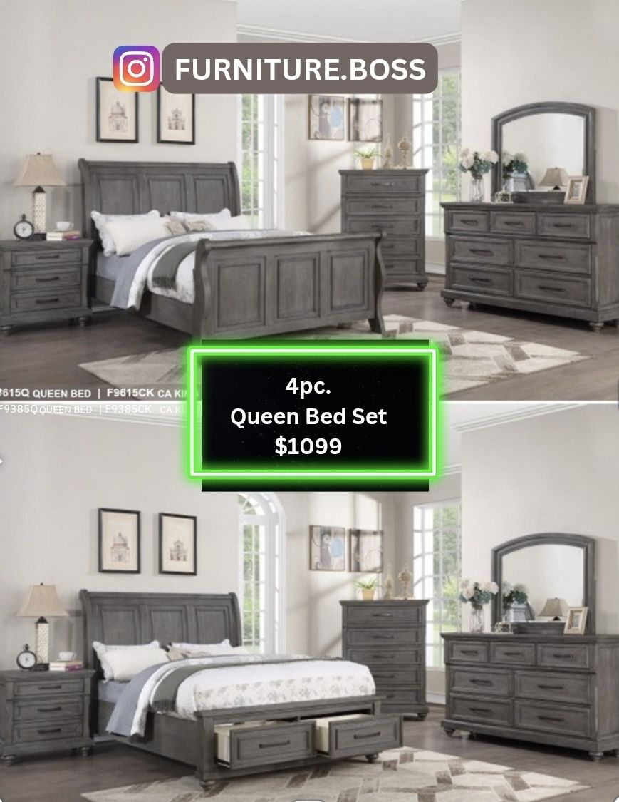 Grey Bed Set - 4pc Queen Bed Dresser Mirror Nightstand $1099