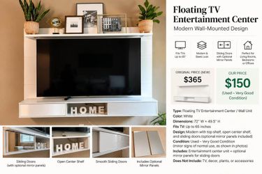 Modern Floating TV Entertainment Center - Fits TVs up to 65”
