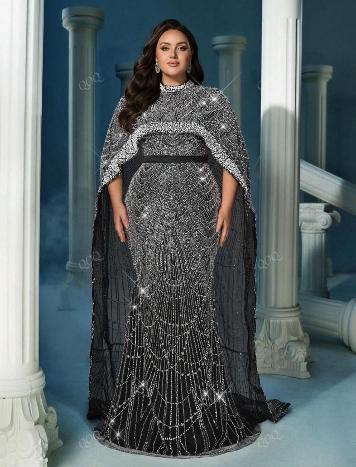 Plus Size Sequins Stand Collar Cloak Sleeve Gown Dress (Heavily Embellished)
