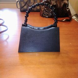 Black Satin Evening Bag with Beaded Handle