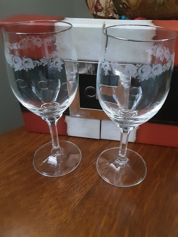 Haviland Crystal White Roses Etched Wine Glasses 7"