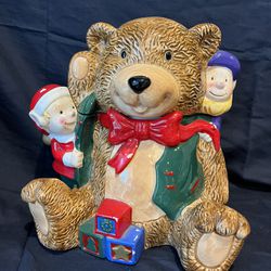 Vintage Christmas Bear and Elves Cookie Jar 