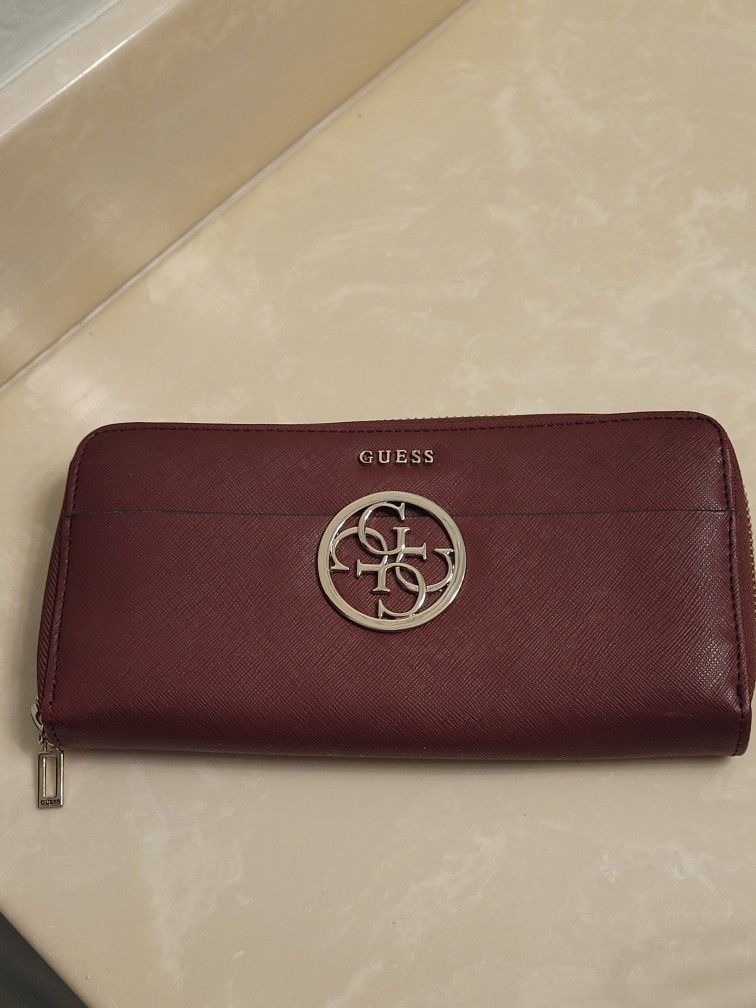 Guess Burgundy and Silver Zippered Wallet