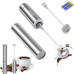Milk Frother Handheld, Battery Operated Travel Coffee Frother Milk Foamer Drink Mixer with 2 Stainless Steel Whisks for Hot Chocolate, Batteries Inclu