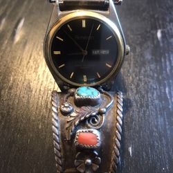 Vintage Navajo Sterling Silver Turquoise Red Coral Watch Tips 