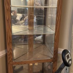 Lighted, Wooden, Glass & Mirror Corner Curio Cabinet