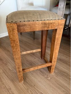 2 Wood Counter Stools - Herringbone Top, Nailhead Trim