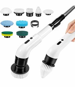 Electric Spin Scrubber, Cordless Shower Scrubber with 9 Scrub Brushes, 2 Speed & Battery Level Display, Adjustable Extension Handle Power Scrubber for
